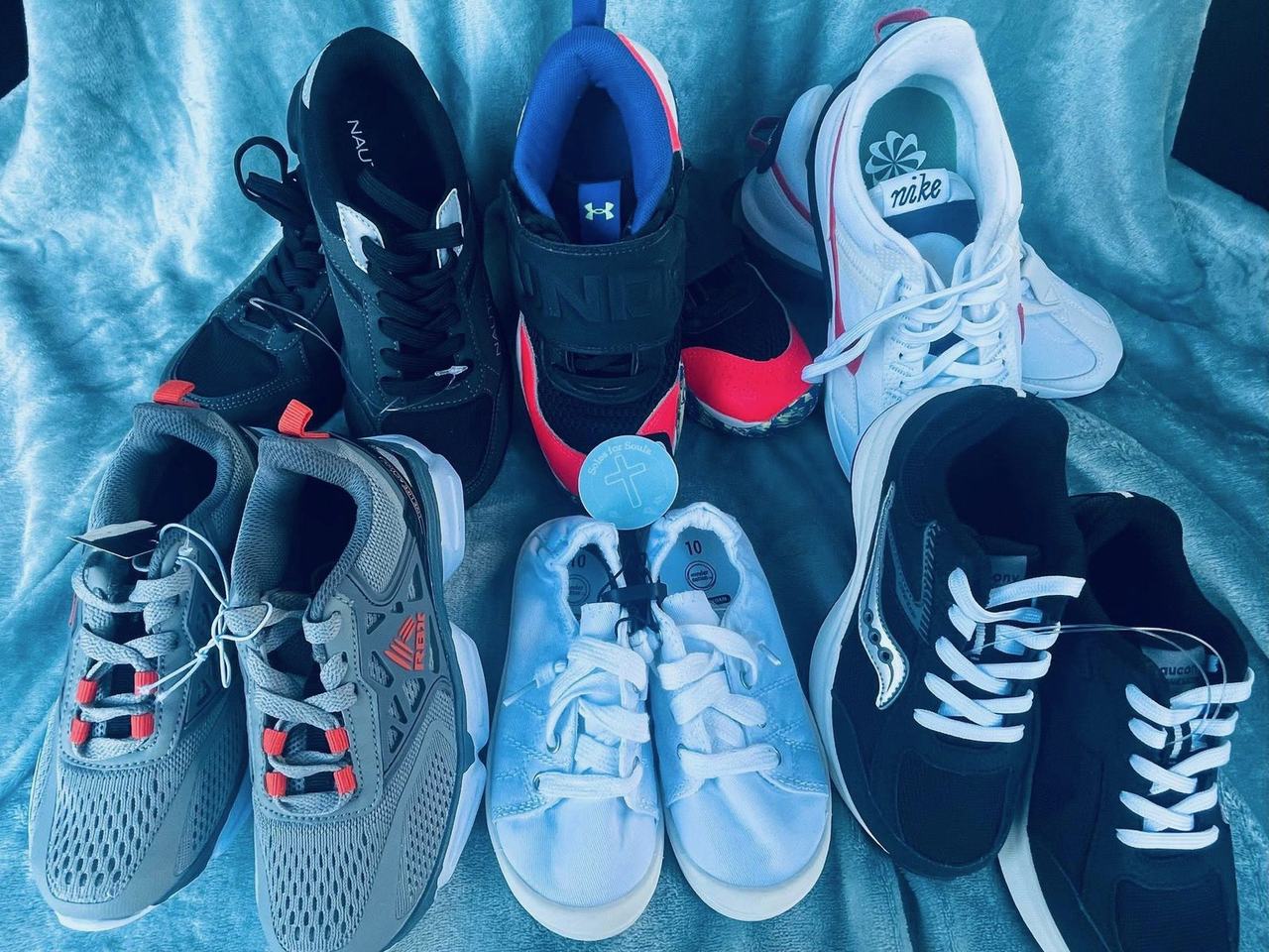 Rows of brand-new shoes in many sizes, ready to give