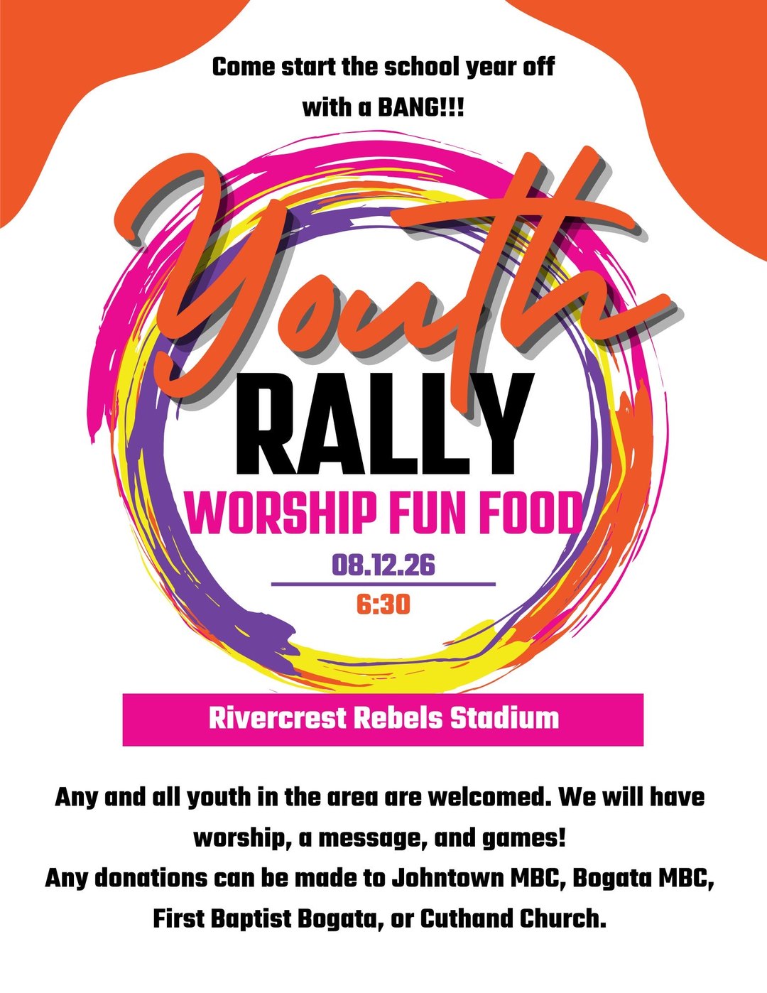 Youth Rally flyer — Wednesday, August 12, 2026 at 6:30 PM, Rivercrest Rebels Stadium